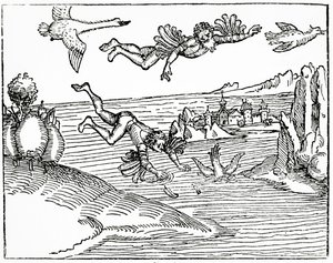 Daidalosz, aki fiával, Ikarosszal együtt menekül Krétáról, látja őt a halálba zuhanni, 1493 (fametszet)