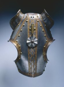 Demi-chanfron, Augsburg, 1550 körül (maratott és aranyozott acél bőrrel) alkotó: German School