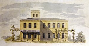 Tervezés egy olasz stílusú klasszikus villához, 1850 körül (akvarell tollal és tintával papíron) alkotó: German School