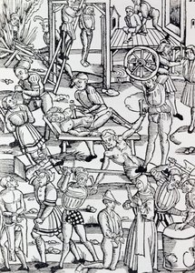 Különböző büntetésformák, amelyeket Németországban 1500-ban alkalmaztak különféle bűncselekményekért, Metszet, Németország alkotó: German School