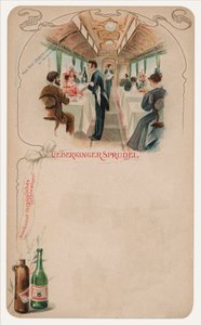 Étkezőkocsi a vonaton, Ueberkinger Sprudel asztali víz (chromolitho) hirdetése alkotó: German School