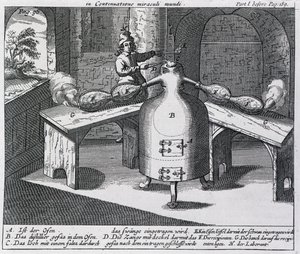 Salétromsav (Aqua fortis vagy elválasztó sav) desztillációja kétorrú vasemberben alkotó: German School