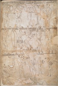 A tizenhét szörnyű faj rajzai, köztük óriások, törpök, blemmyae és donestre, illusztráció az „Arnstein Bibliából” alkotó: German School