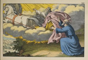 Illés forgószélben felszáll a mennybe, és tanítványát, Elizeust hagyja, hogy folytassa munkáját, illusztráció a LAncien Testamentből, Jakob Ferdinand Schreiber, Esslingen (színes metszet) alkotó: German School