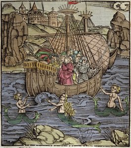 Vergilius Aeneis (Kr. e. 70-i. e. 19), a trójai hős, Enee és társai egy szirénákkal teli tengeren kelnek át. Sebastian Brant (1458-1521) xilográfiája. Strasbourg alkotó: German School