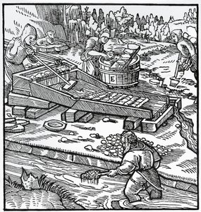 Metszet a De re metallicából (A fémek természetéről), Georg Pawer vagy Georgius Agricola (1494-1555) alkotó: German School