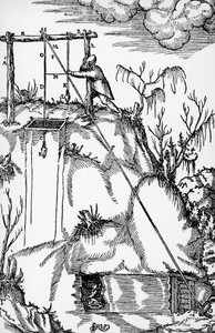 Metszet a De re metallica-ból (A fémek természetéről), Georg Pawer vagy Georgius Agricola (1494-1555) Bázelben jelent meg alkotó: German School