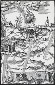 Metszet a De re metallica-ból (A fémek természetéről), Georg Pawer vagy Georgius Agricola (1494-1555) Bázelben jelent meg alkotó: German School