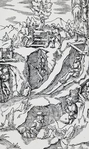 Metszet a De re metallica-ból (A fémek természetéről), Georg Pawer vagy Georgius Agricola (1494-1555) Bázelben jelent meg alkotó: German School