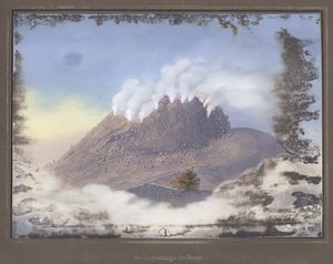 Kitörés a Merapi-vulkánnál, kilátással a kráter keleti végére, 1836. november, VI., Topográfiai és Tudományos Atlasz az utazás Jáván keresztül, Dr. Junghuhn asszony, Magdebu alkotó: German School