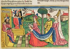 Eszter 2 15-18, Esztert Ahasvérus perzsa király választotta királynővé, a nürnbergi Bibliából (Biblia Sacra Germanaica) (színes fametszet) alkotó: German School