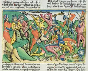 2Móz 17 8-15 Áron és Húr Mózes kezét támogatják, hogy biztosítsák az izraeliták győzelmét az amalekiták felett, a Nürnbergi Bibliából (Biblia Sacra Germanaica) (színes fametszet)
