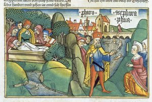 2Móz 18 1 15-22 József temetése és a héber bábák története, a nürnbergi Bibliából (Biblia Sacra Germanaica) (színes fametszet) alkotó: German School