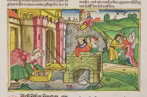 Exodus 2 1-6 Mózes lebegtetve a Níluson, és a fáraók egyik felesége fedezte fel a nürnbergi Bibliából (Biblia Sacra Germanaica) (színes fametszet) alkotó: German School