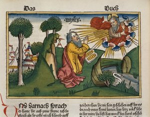 2 Mózes 34 1-10 Mózes megkapja a második táblát a tízparancsolattal, a nürnbergi Bibliából (Biblia Sacra Germanaica) (színes fametszet) alkotó: German School
