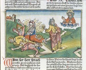 2Móz 9 8-12 Egyiptom hét csapása: Mózes és a kelések csapása, a Nürnbergi Bibliából (Biblia Sacra Germanaica) (színes fametszet) alkotó: German School