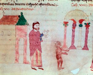 Ördögűzés: egy szerzetes, aki démont taszít a templomból a pogány templomba alkotó: German School