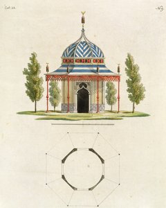 Egy kínai kerti templom külseje, a Legutóbbi új ötletek a kerthez című kiadványból, 1779-ben (színes metszet) (lásd még: 170864) alkotó: German School