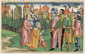 Ezsdrás 6 16 A jeruzsálemi templomot Dareiosz király szenteli fel, a nürnbergi Bibliából (Biblia Sacra Germanaica) (színes fametszet) alkotó: German School