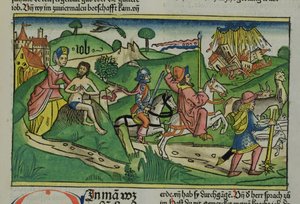 Jób: Frontispiece fakszimile, Jóbot szidja a felesége, házát és családját egy hurrikán tönkretette, állatállományát pedig ellopták, a Nürnbergi Bibliából (Biblia Sacra Germanaica) (színes alkotó: German School