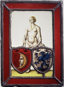 Két címerpajzsot tartó női akt, 1535 körüli (cserépfém, flashed és tiszta üveg, sárga festék és fekete üvegfesték) alkotó: German School