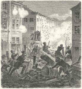 Harc a berlini Colln városháza előtti barikádon, 1848-as forradalom (metszet) alkotó: German School