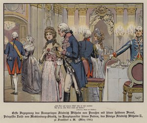 Frigyes Vilmos porosz koronaherceg és leendő menyasszonya, Louise Mecklenburg-Strelitz hercegnő első találkozása apja, II. Frigyes Vilmos király frankfurti főhadiszállásán. alkotó: German School