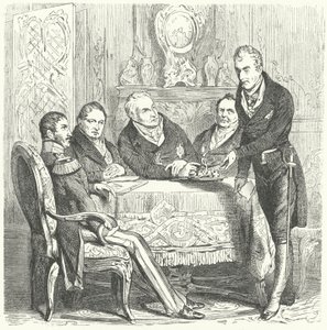 III. Frigyes Vilmos porosz miniszterelnökével, Karl August von Hardenberggel és Klemens von Metternich osztrák külügyminiszterrel folytatott megbeszélésen (metszet) alkotó: German School
