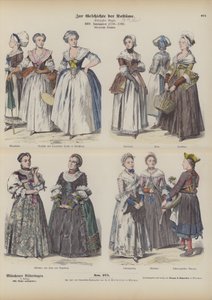Francia és német polgári női jelmezek, XVIII. század végi (színes metszet) alkotó: German School