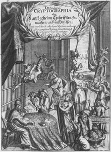 Elülső kép, illusztráció a Cryptographia-ból vagy Johann Balthasar Friderici titkos írásai, Johan Friedlein metszete (17. század), megjelent Hamburgban, 1685 alkotó: German School