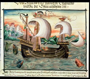 Galleon teljes vitorlás úton Portugáliába, a nürnbergi Color (vagy Keller) család illusztrálásával (vellum) alkotó: German School
