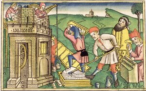 Genesis 11 1-9 Bábel tornyának építése, a Nürnbergi Bibliából (Biblia Sacra Germanaica) (színes fametszet) alkotó: German School