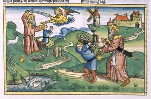 1Móz 21 1-14 Ábrahám Izsák felajánlása, a Nürnbergi Bibliából (Biblia Sacra Germanaica) (színes fametszet) alkotó: German School