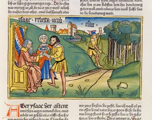 1Móz 27 6-29 Jákob Izsák áldását kapja, a Nürnbergi Bibliából (Biblia Sacra Germanaica) (színes fametszet)