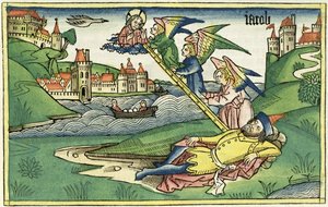 Genesis 28 10 Jacobs létra, a Nürnbergi Bibliából (Biblia Sacra Germanaica) (színes fametszet) alkotó: German School