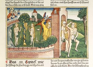 1Móz 3 1-24 A kísértés és a kiűzetés a paradicsomból, a Nürnbergi Bibliából (Biblia Sacra Germanaica) (színes fametszet) alkotó: German School
