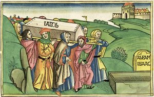 1Móz 49:28-33 Jákob temetése, a Nürnbergi Bibliából (Biblia Sacra Germanaica) (színes fametszet) alkotó: German School