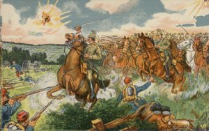 Német lovasság Vilmos trónörökös parancsnoksága alatt francia csapatokat támad Longwy közelében, Franciaország, I. világháború alkotó: German School