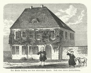 Gotthold Ephraim Lessing német filozófus és drámaíró kisfiúként apja kamenzi háza előtt (metszet) alkotó: German School