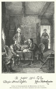 Német filozófus és drámaíró a vallásról beszélget Moses Mendelssohnnal és Johann Kaspar Lavaterrel (metszet) alkotó: German School