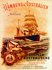 Hamburg – Ausztrália, a német ausztrál gőzhajózási társaságot reklámozó plakát, 1889