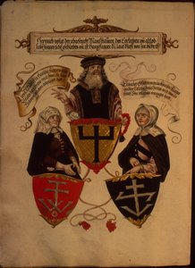 Hans Fugger és két felesége, Clara Widolf és Elisabeth Gfattermann, a Fugger család titkos becsületkönyvéből alkotó: German School