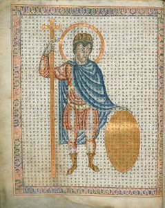 Harley 3045 fol.2 I. Lajos császár, a Jámbor, kezében egy kereszt és pajzs, a 