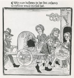Palacsinta és perec Hawker, az 1417-es konstanzi zsinat idején, egy inkunabulum után, 1485 körül (toll és tinta papíron) alkotó: German School