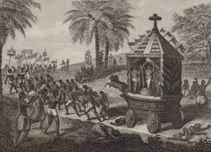 Hindu hívők Juggernaut autóját húzzák az ókori Indiában. Illusztráció a Bilder-Atlashoz (metszet) alkotó: German School