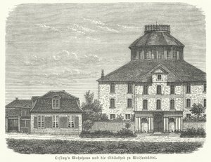 Gotthold Ephraim Lessing német filozófus és drámaíró otthona és a wolfenbuetteli könyvtár (metszet) alkotó: German School