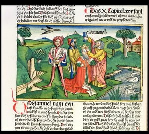 I. Sámuel 10. Saul koronázása és felkenése, a Nürnbergi Bibliából (Biblia Sacra Germanica) (színes fametszet)