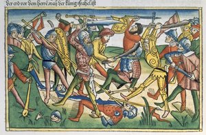 I. Sámuel 28 1-2 A filiszteusok háborúja Izrael ellen, a nürnbergi Bibliából (Biblia Sacra Germanaica) (színes fametszet) alkotó: German School