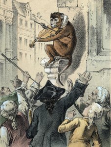 Illusztráció Franz Hoffmann meséiből „Mesék és mesék – A majom és a hegedű””: egy majom hegedül a tömeg előtt. századi kromolitográfiája. alkotó: German School