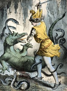 Illusztráció Franz Hoffmann „” Mesék és mesék” című meséiből: „” Von Wunderhold und Tausendsch¿n”” (egy ember megöl egy szörnyet vagy egy sárkányt). századi kromolitográfiája. alkotó: German School